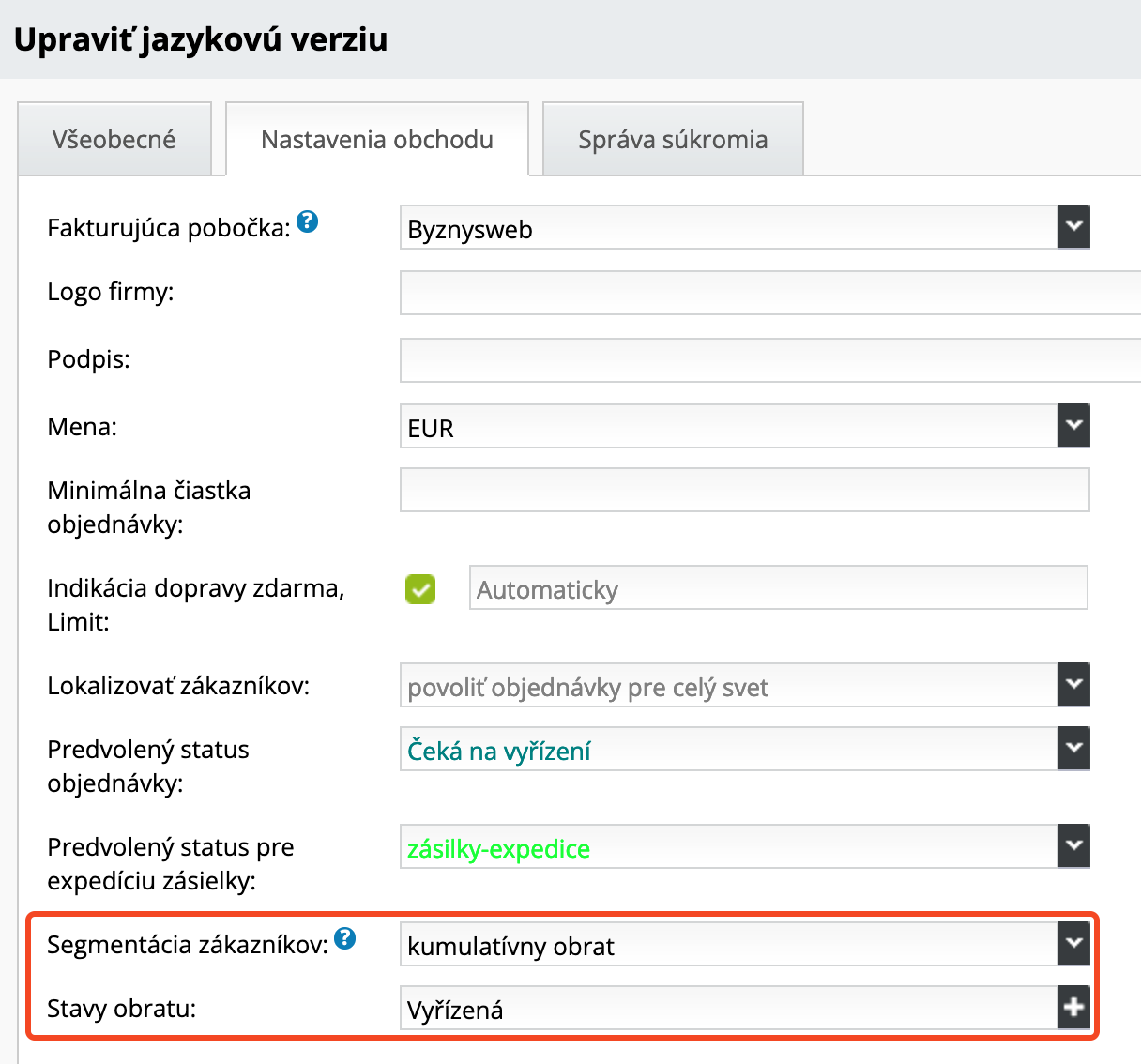 Nastavenie segmentácie pre jazykovú verziu | BiznisWeb