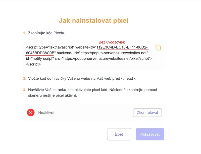 Skopírujte website-id bez úvodzoviek z Pixel kódu z vášho účtu v Overenyweb